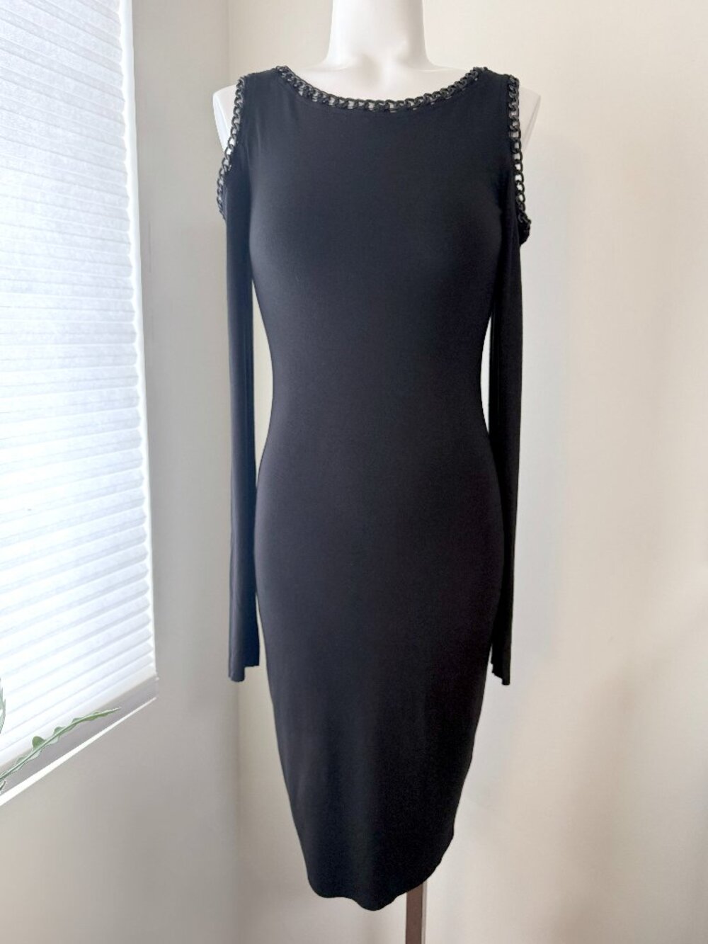 Bailey 44 Black Jersey Long Sleeve Dress with Cold Shoulder & Chain Detail